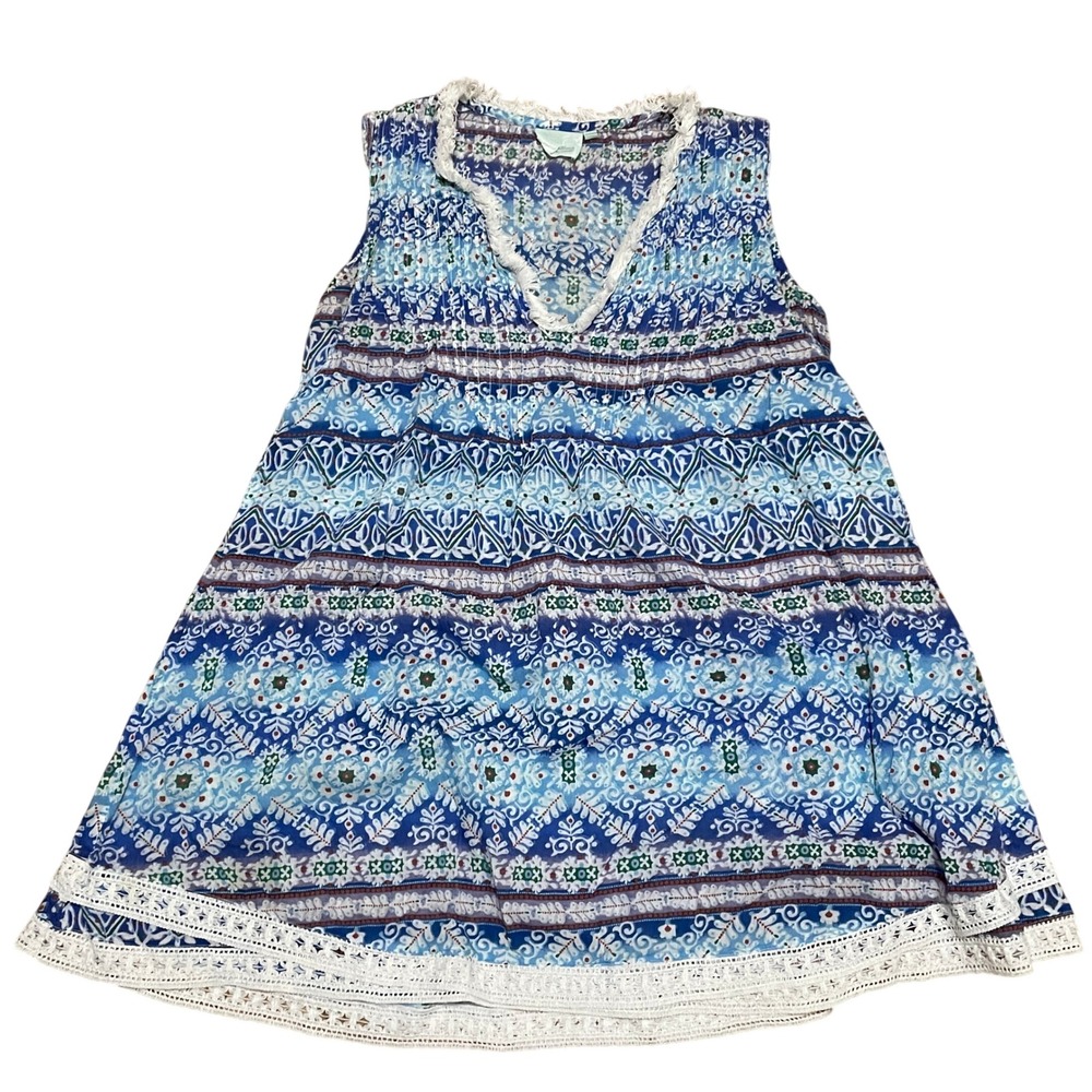 True Destinations M Blue Geometric Cotton Tunic Sleeveless Boho Crochet Lace